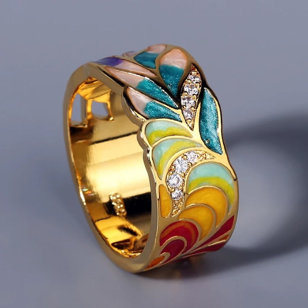 S925 Silver plated multi color fashion ring with golden color feathering. - Picture 9 of 12